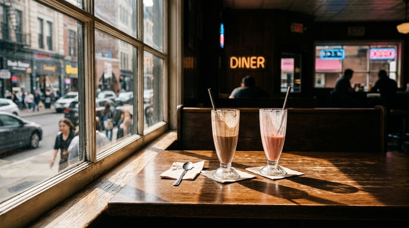 Noon sunlight streams through a large window onto a polished wooden table at a booth, illuminating two half-finished milks...