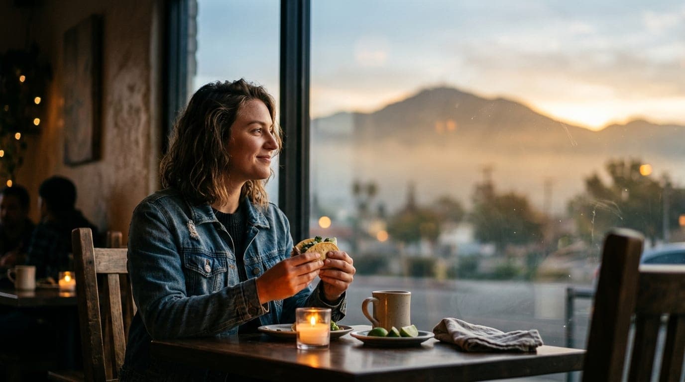 A woman in a casual denim jacket sits offset left in a candle-lit cafe, holding a street taco. Through the window, the haz...