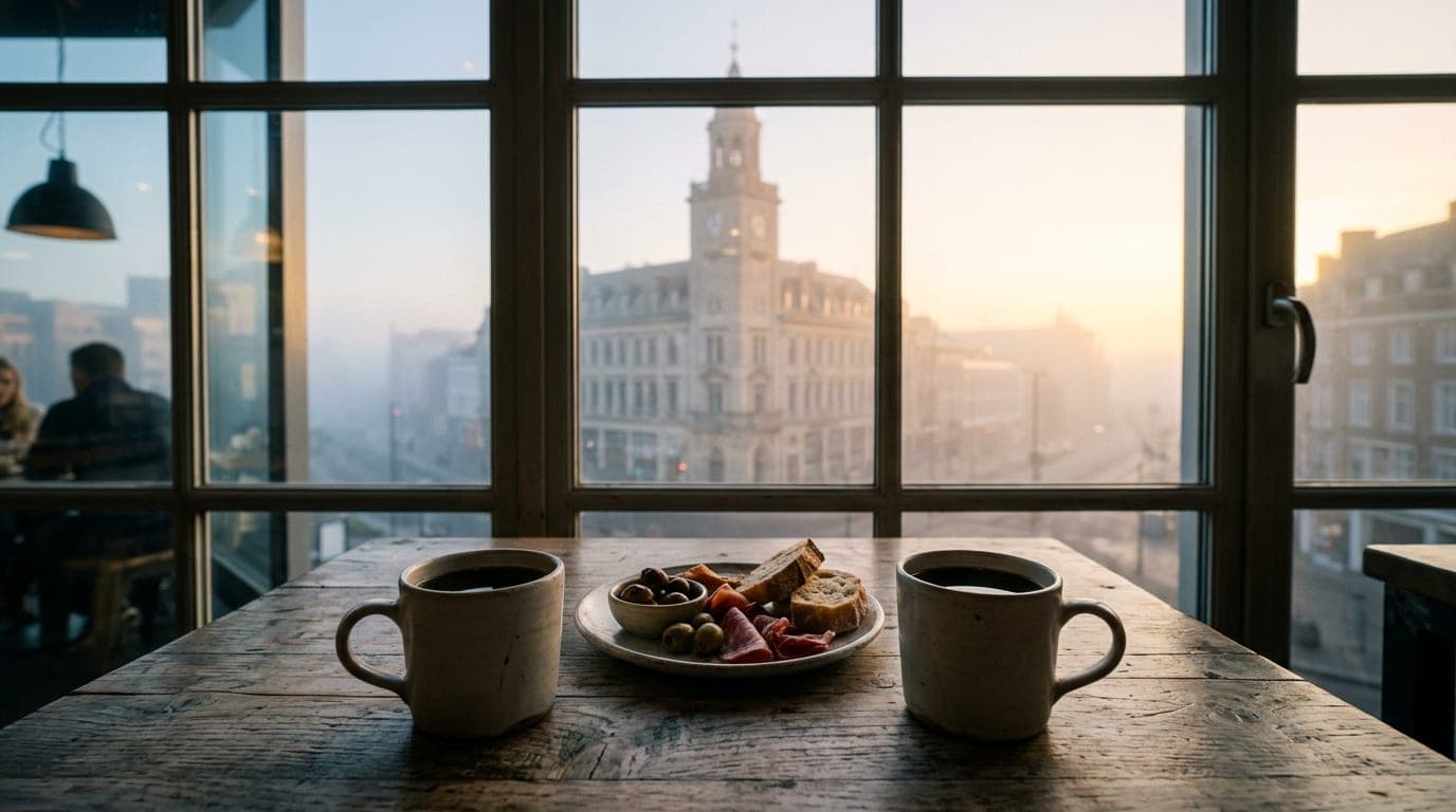 A centered 24mm shot inside a sunlit cafe shows two ceramic mugs of black coffee and a shared plate of appetizers on a rus...