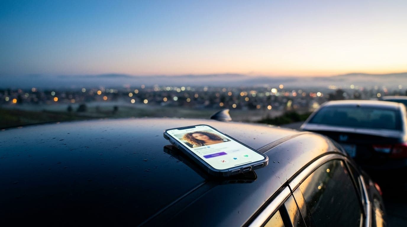 A low-angle hero shot of a modern smartphone resting on the roof of a parked sedan. The screen displays a Feeld profile ag...