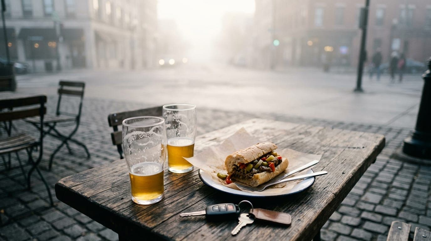 A 50mm overhead shot captures two craft beer glasses and a half-eaten Italian beef sandwich on a rustic wooden table. A se...