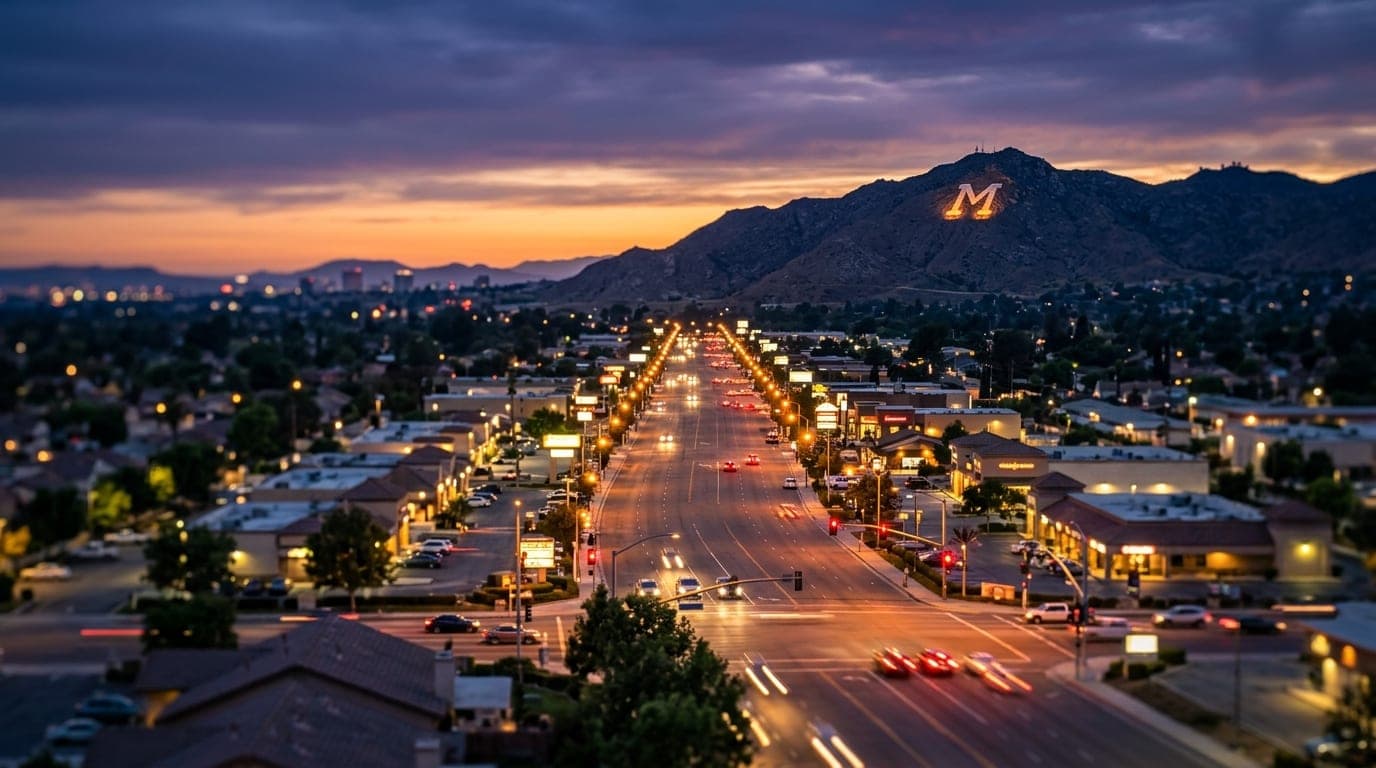 A wide, tilt-shift shot of the Sunnymead Boulevard corridor at twilight. Warm tungsten streetlights create leading lines t...