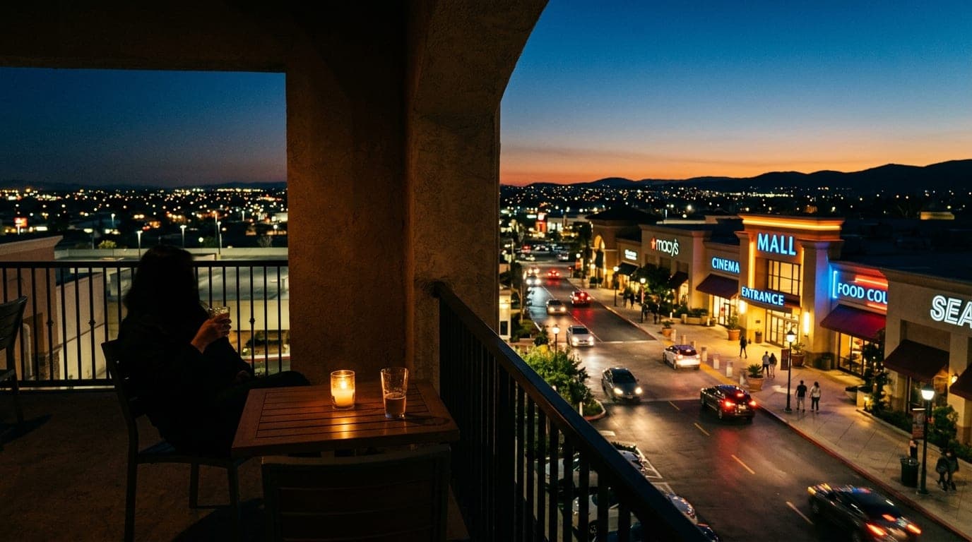 A 35mm medium shot from a dim indoor balcony overlooking the glowing neon lights of the Moreno Valley Mall entrance at dus...