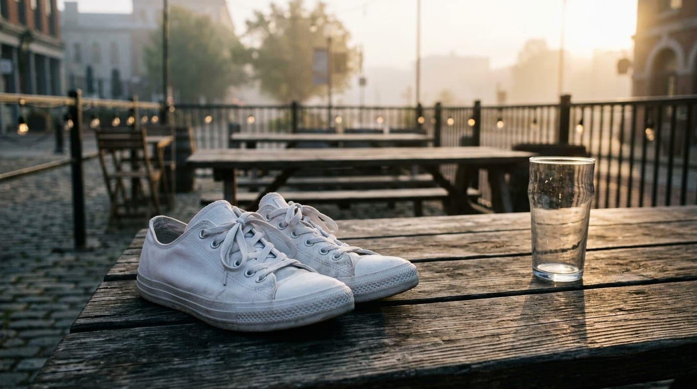 A pair of clean white sneakers rests on the worn wooden table of an outdoor brewery patio at golden hour, with an empty pi...