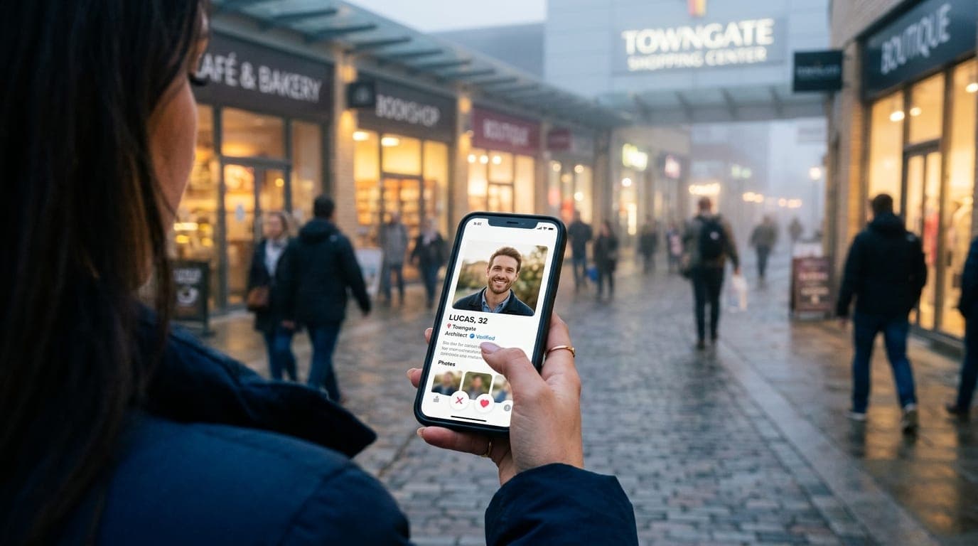 Over-the-shoulder view of a woman’s hand holding a smartphone displaying a verified dating profile, set against the bustli...