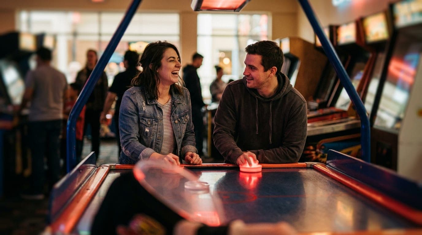 Medium shot, tilt-shift selective focus. A couple sits at a neon-lit arcade console inside the Moreno Valley Mall. The wom...