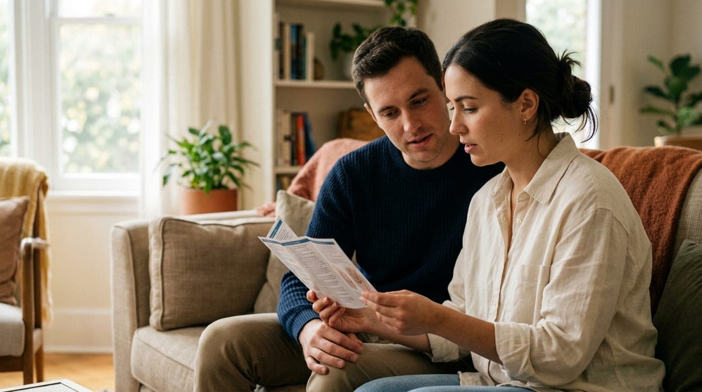 A woman in a cream linen shirt and a man in a navy sweater sit on a beige couch, calmly discussing a small, opened medical...