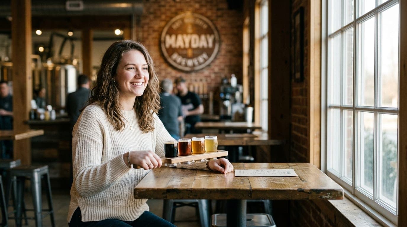 A woman in a cream sweater sits at a high-top table in a Murfreesboro brewery, holding a local craft beer flight, offset l...