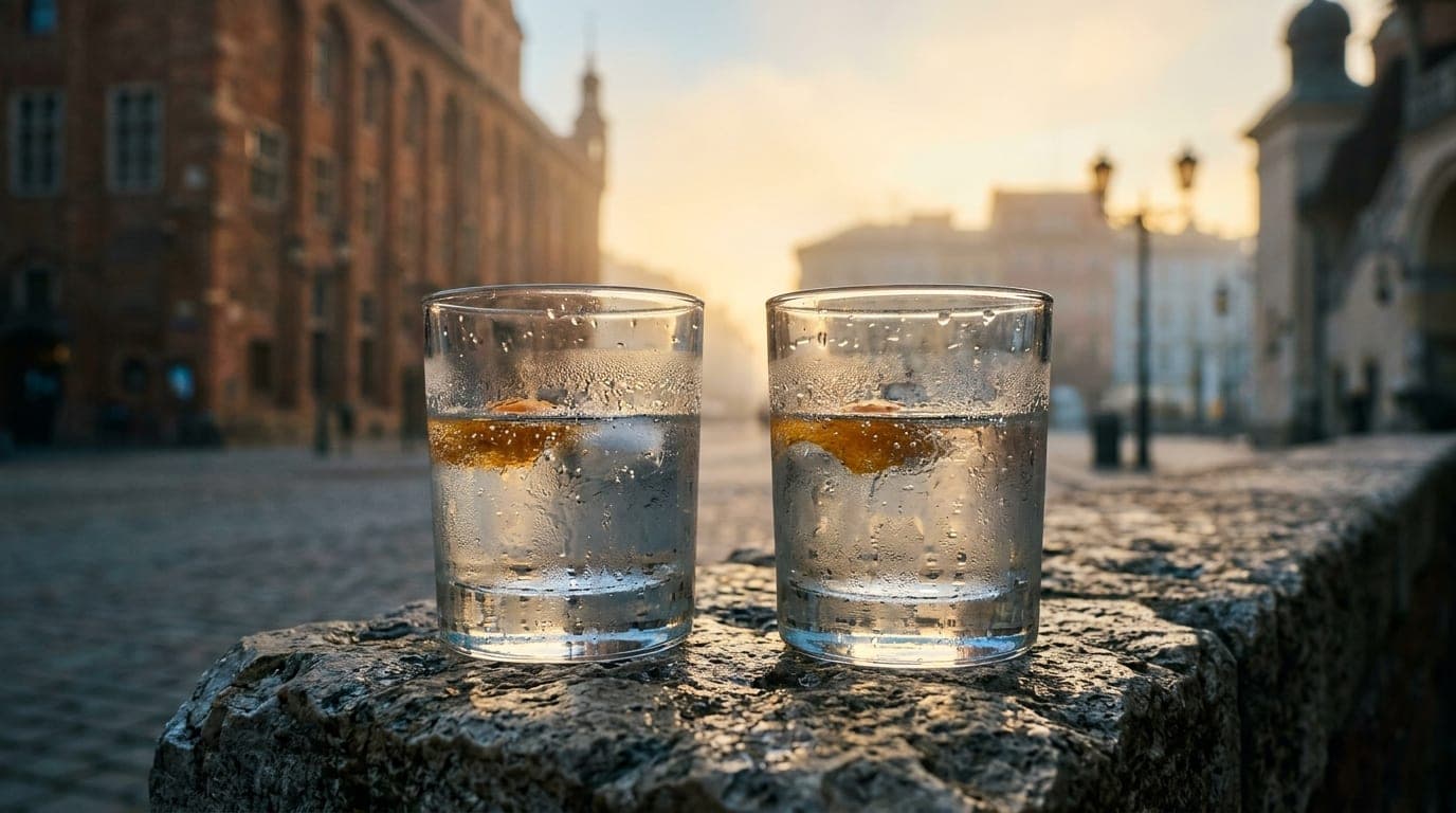 An extreme close-up macro of two chilled glass tumblers sitting on a weathered stone ledge at the Square, sunset golden li...