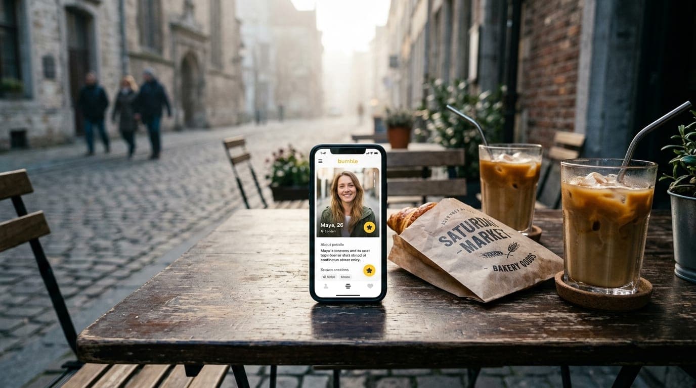 A medium shot, 24mm wide-angle, centered symmetric composition of a smartphone displaying a Bumble profile on a worn café...