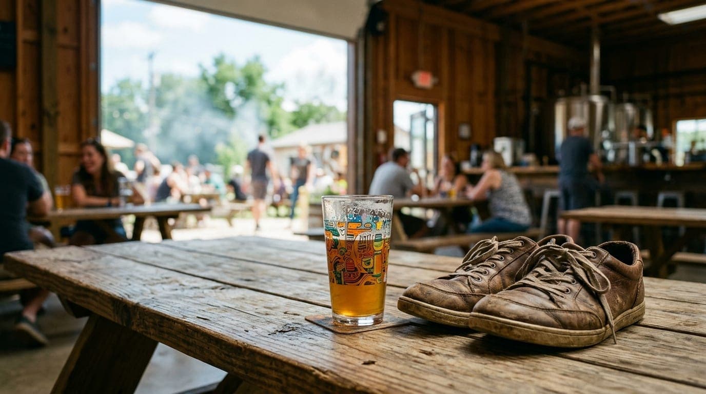 A pair of worn leather sneakers and a colorful, half-full pint glass sit on a rustic wooden picnic table at Mayday Brewery...