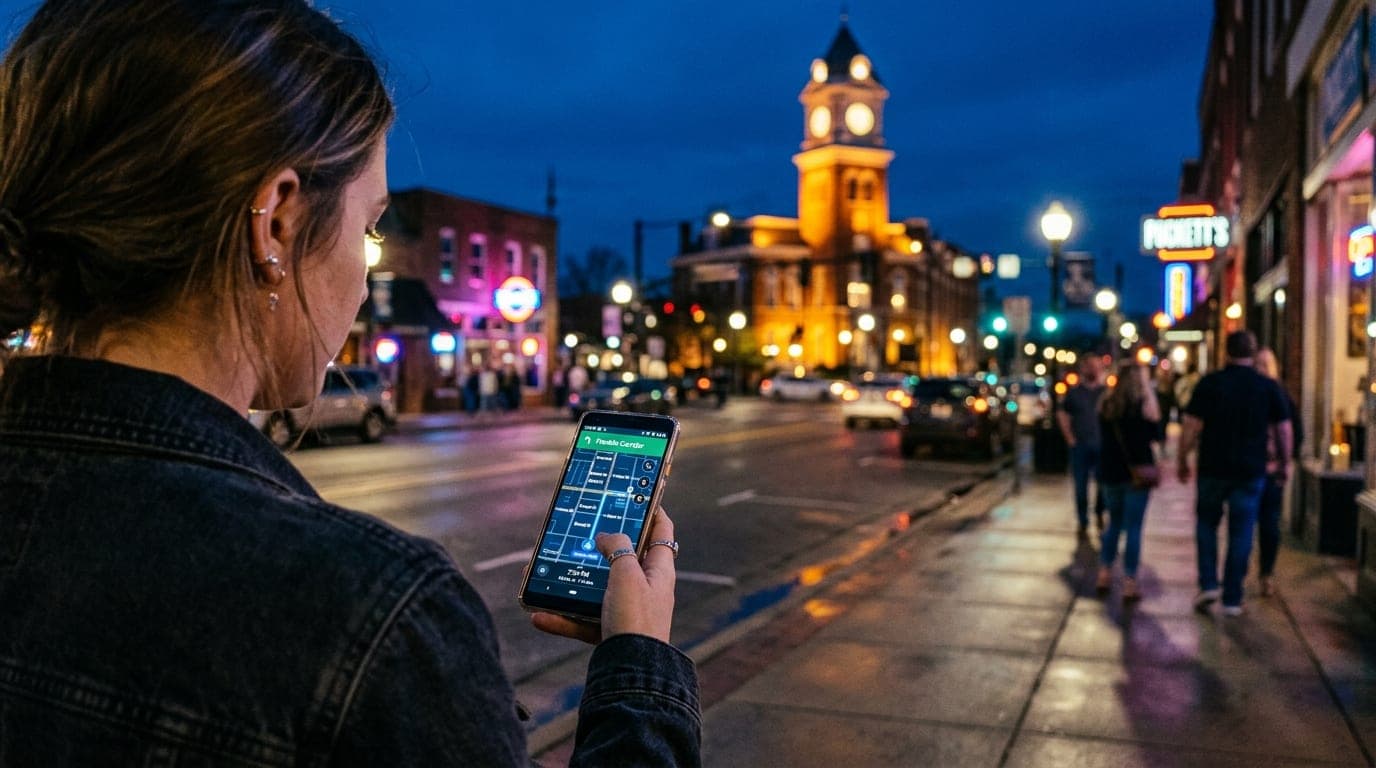 An over-the-shoulder view of a person holding a phone showing a map of the Franklin corridor, blurred Murfreesboro Square...