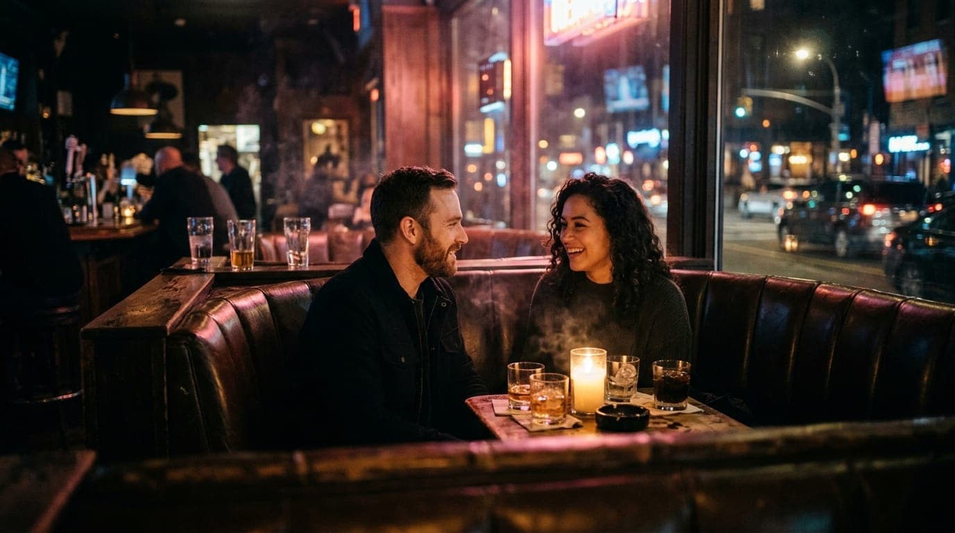 A low-angle shot of a couple sharing a quiet, candlelit conversation in a plush leather booth at Liquid Smoke, ambient cig...