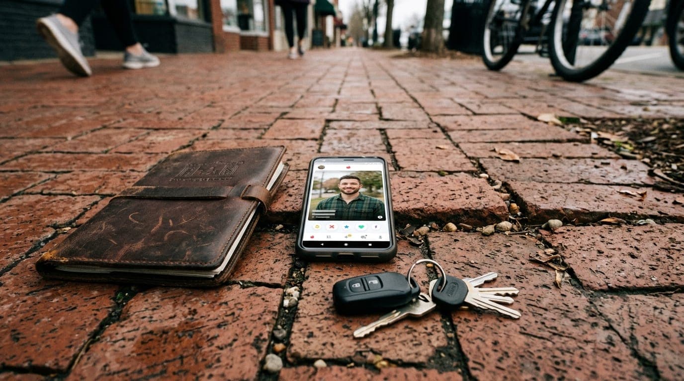 An overhead flat-lay on a brick sidewalk near the Murfreesboro Square. A smartphone displaying a Hinge profile rests besid...