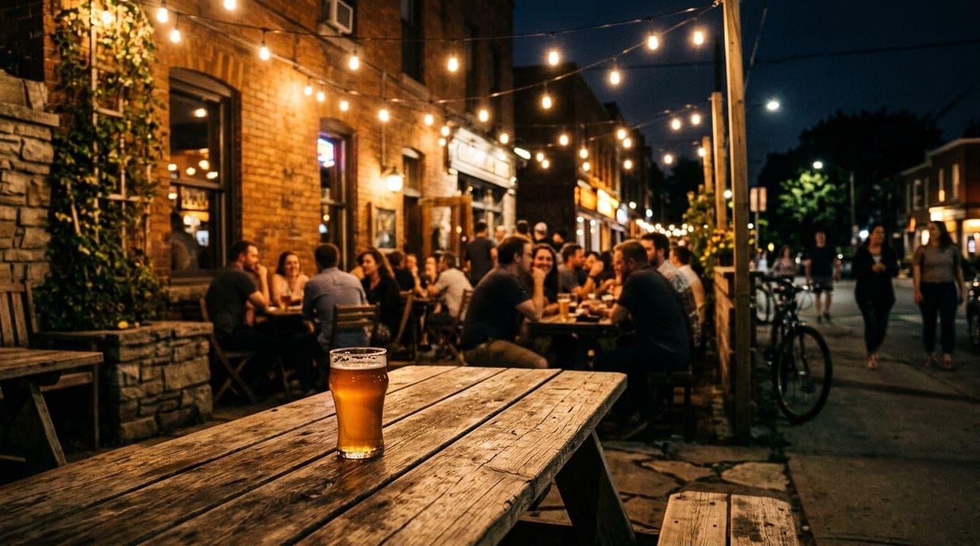 A wide, 50mm night shot of a rustic wooden pub table at Cedar Glade Brews. A single craft beer sits in the lower third, gl...
