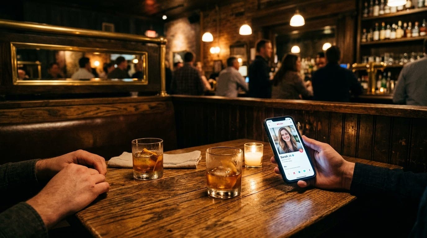 A warm, tungsten-lit booth at a downtown Murfreesboro bar. Two half-poured bourbon cocktails sit on the wooden table, with...
