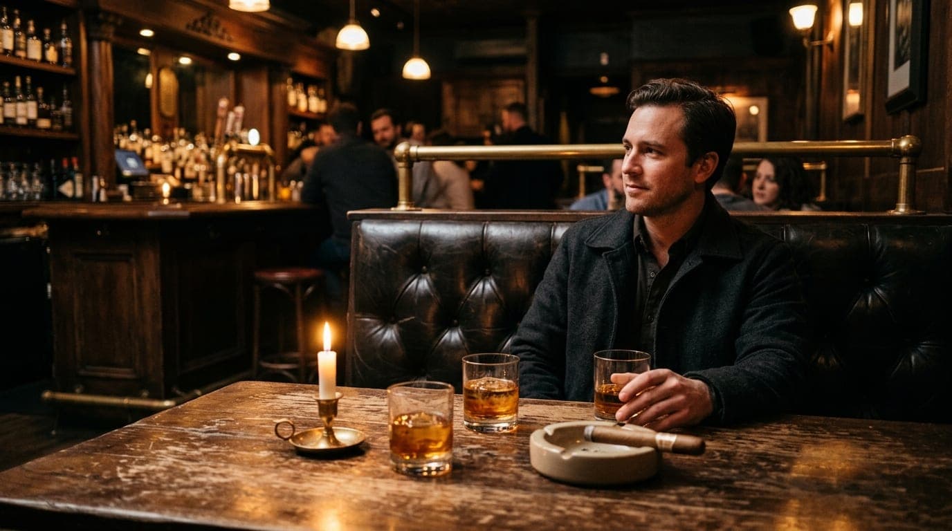 A medium shot of a dark leather booth at Liquid Smoke, offset right. Two amber-filled rocks glasses sit on the scarred woo...
