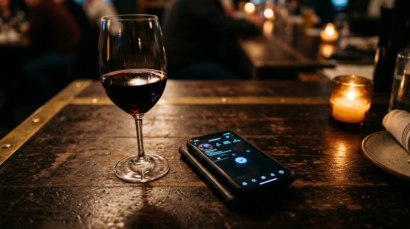 An 85mm portrait, shallow depth of field. On a dark Nampa bar top, a glowing smartphone shows a verified profile badge. Be...