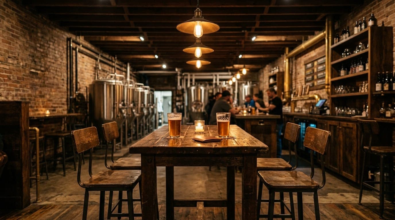 A wide, symmetric shot inside a dimly lit Nampa brewery. Two half-full pint glasses sit on a worn wooden table, flanked by...