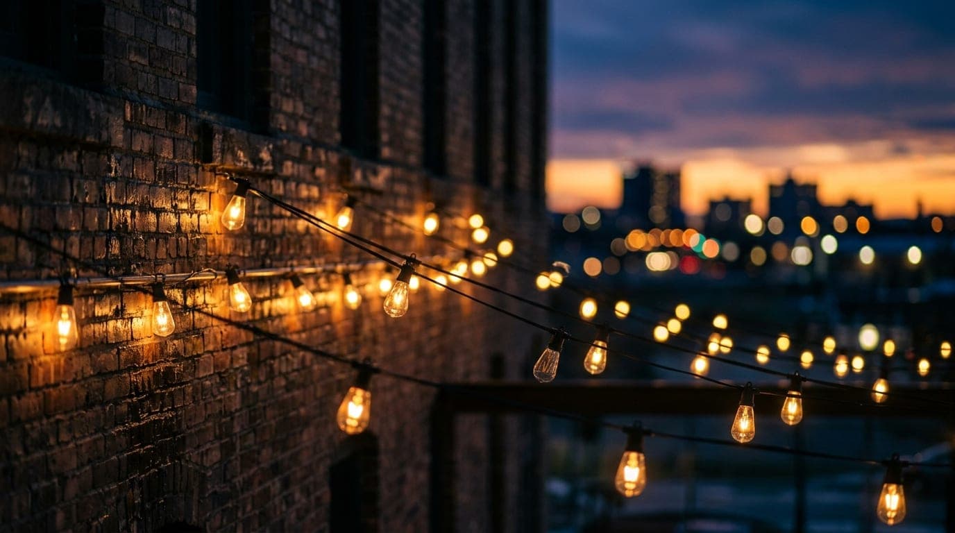 A wide, tightly cropped 100mm macro shot of glowing, warm tungsten bistro lights reflecting off the brick architecture at...