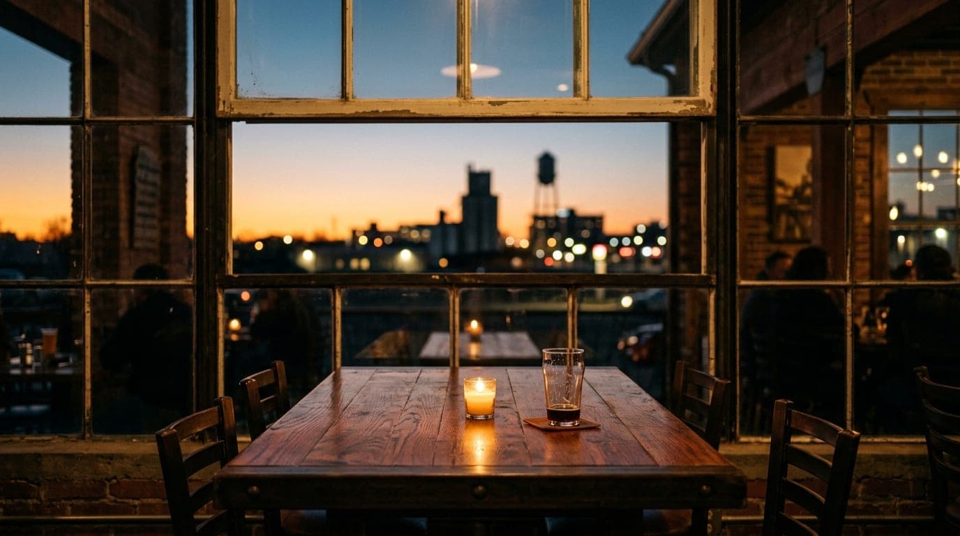 Medium shot of an empty mahogany table inside 2C Family Brewing at dusk, candle-lit, tilt-shift focus drawing the eye to t...