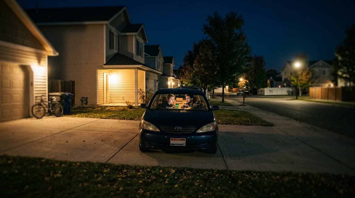 A wide tilt-shift shot of a Nampa suburban driveway at night. A couple sits in a parked sedan, illuminated by a warm tungs...