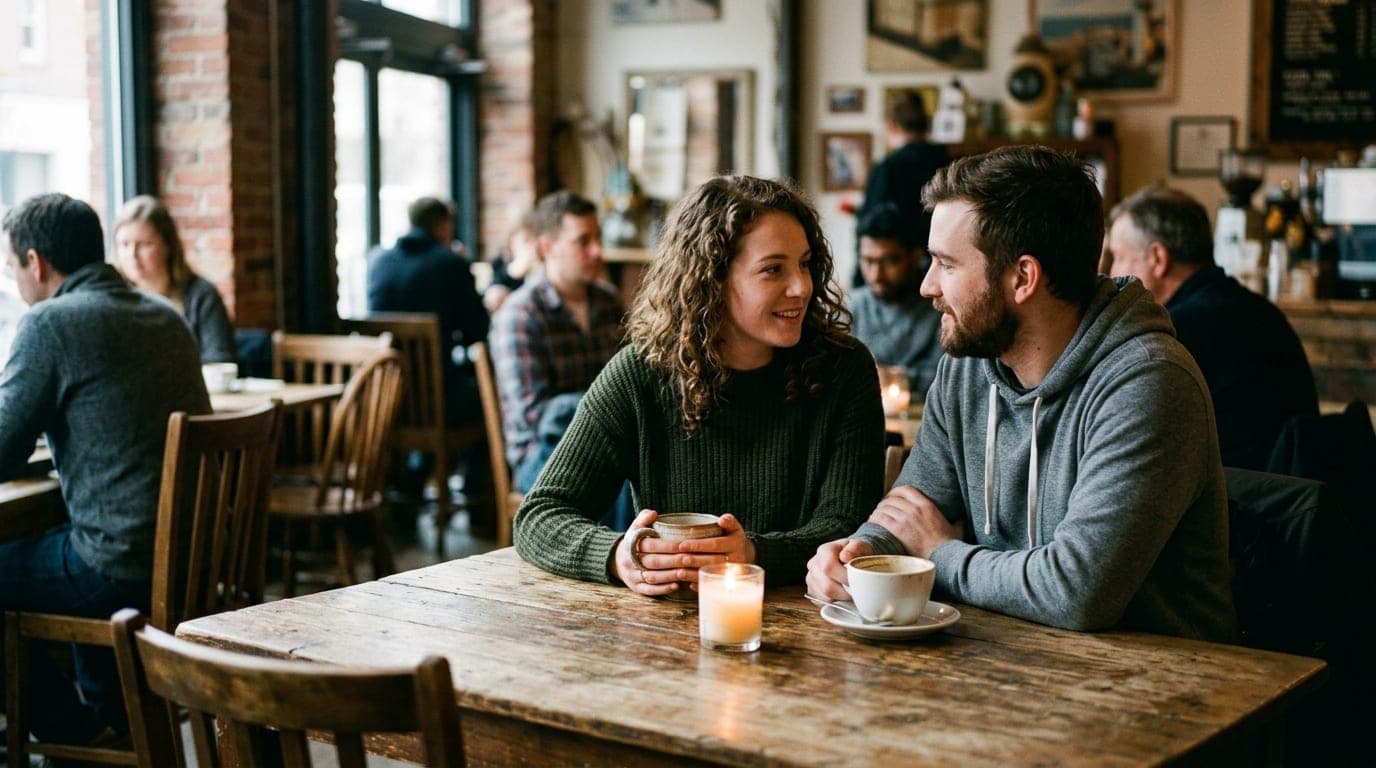 A couple sits at a wooden table inside the Flying M Coffee Garage. The warm, candle-lit interior illuminates their faces....