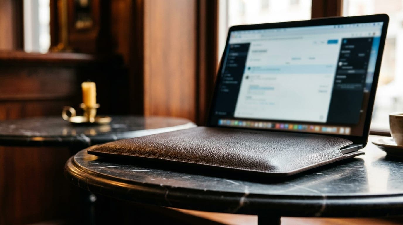 A crisp, 100mm macro shot of a sleek leather laptop case resting on a dark marble bistro table, displaying a blurred, prof...