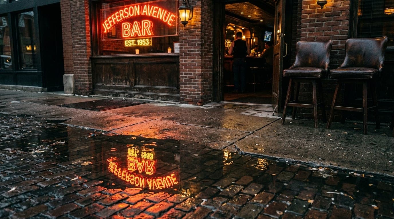 A low-angle, wide-lens shot of a flickering neon sign reflected in a puddle outside a Jefferson Avenue bar. Two empty leat...