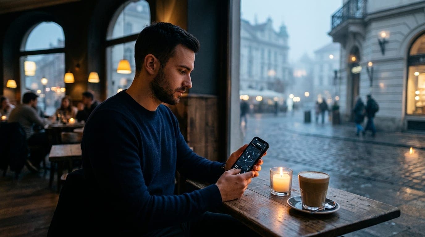 A man in a navy cashmere sweater sits at a candle-lit cafe table, offset left, holding a smartphone showing a Bumble map....