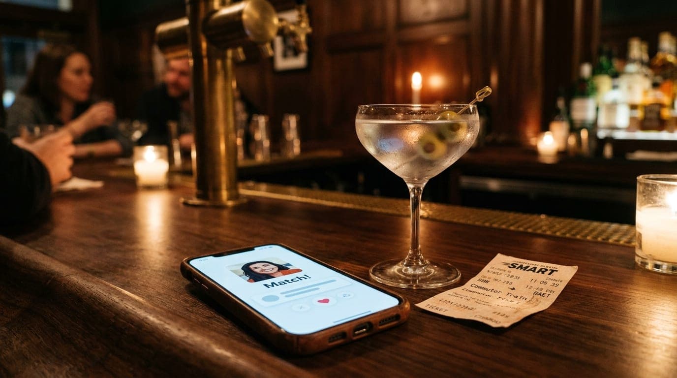A 100mm macro shot at a dimly lit Jefferson Avenue cocktail bar, focusing on a smartphone screen showing a Tinder match no...