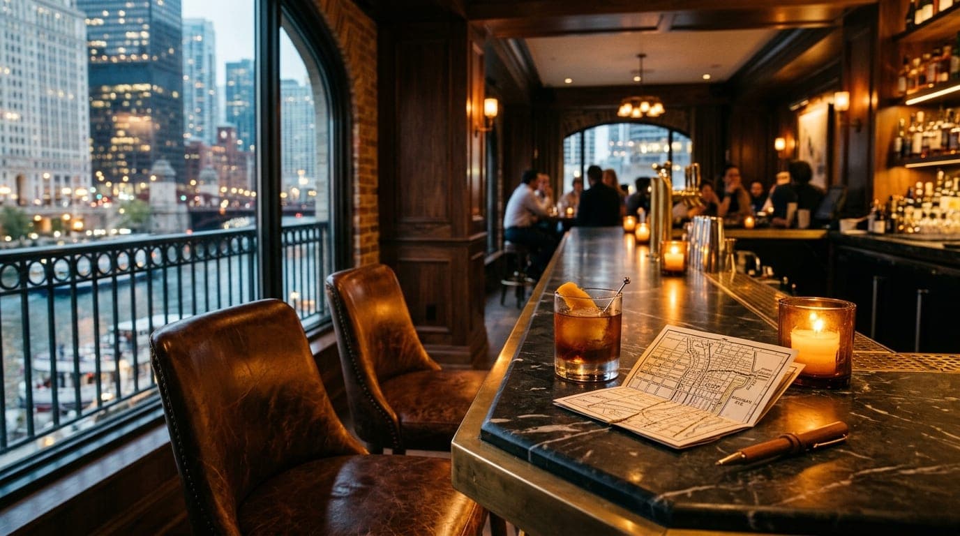 A medium shot inside a chic rooftop bar overlooking the Riverwalk. Two leather barstools face a marble counter holding a m...