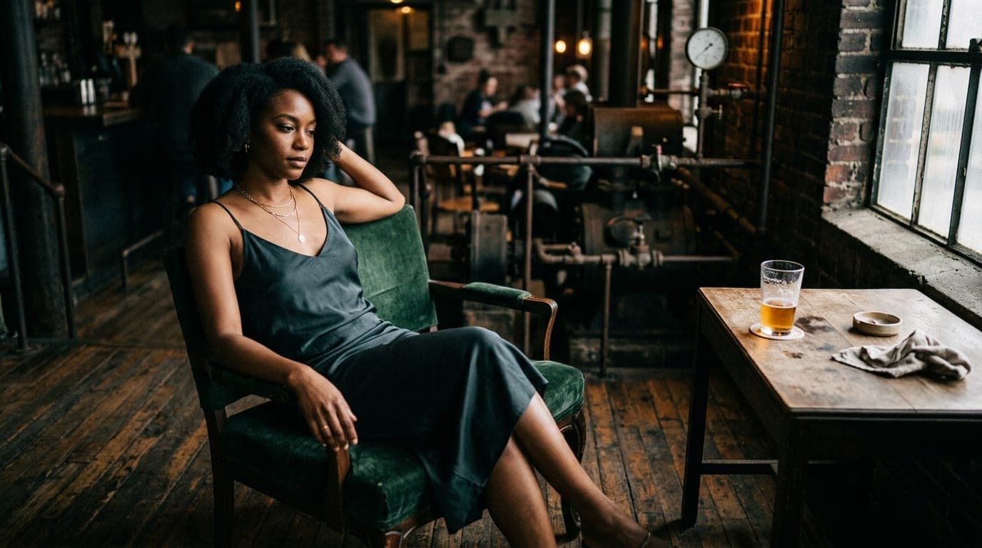An 85mm portrait captures a woman in a silk slip dress sitting on a velvet chair inside a dim, moody Edgehill boiler room...
