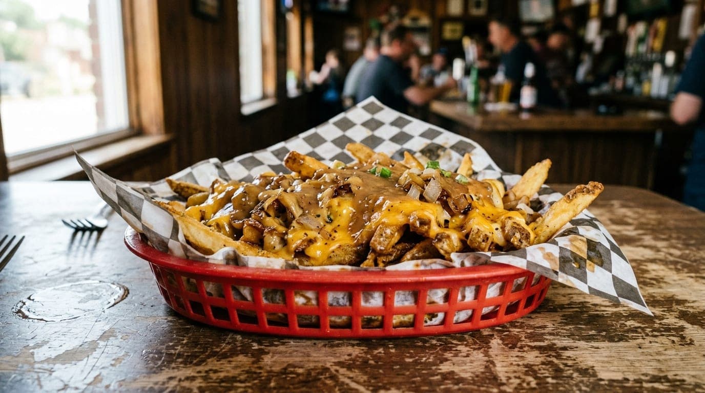 A close-up, 100mm macro shot captures a basket of greasy animal-style fries at Dino’s dive bar. Noon sunlight streams thro...