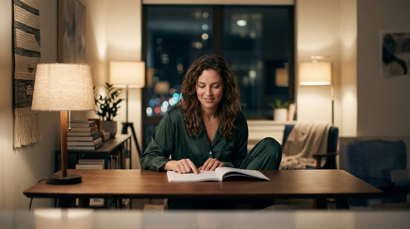 A woman in a silk loungewear set sits centered at a minimalist desk. Warm tungsten lamps illuminate her calm face as she r...