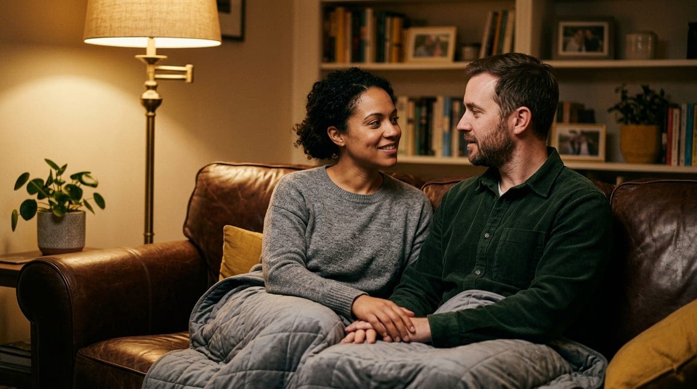 A couple sits on a leather sofa, one holding a sensory-friendly weighted blanket across their laps. They look at each othe...