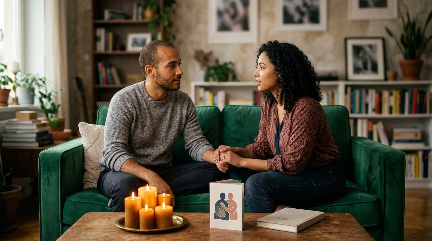 A couple sits centered on a plush velvet loveseat, softly lit by amber candlelight. A medical pamphlet and a calendar are...