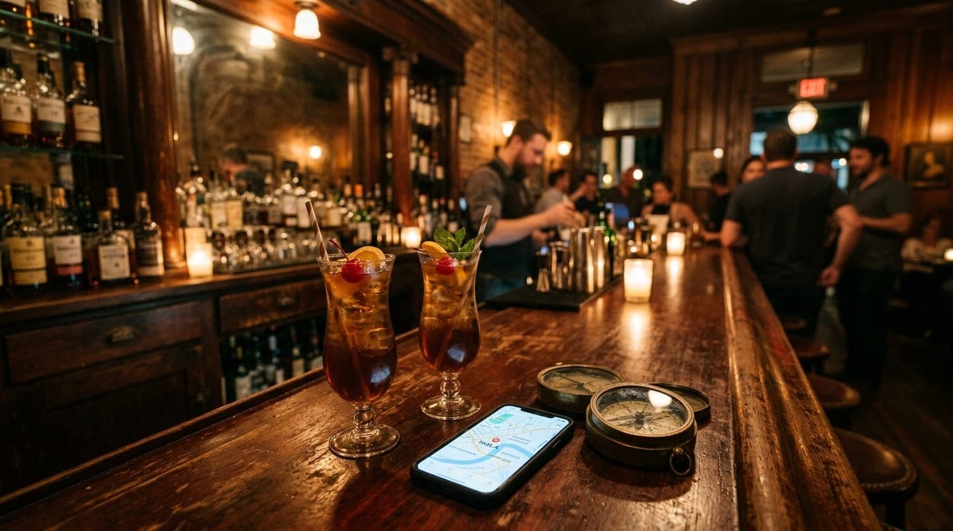 A wide shot of a mahogany bar in a dim Marigny lounge. Two vintage brass compasses and a smartphone displaying a map of NO...