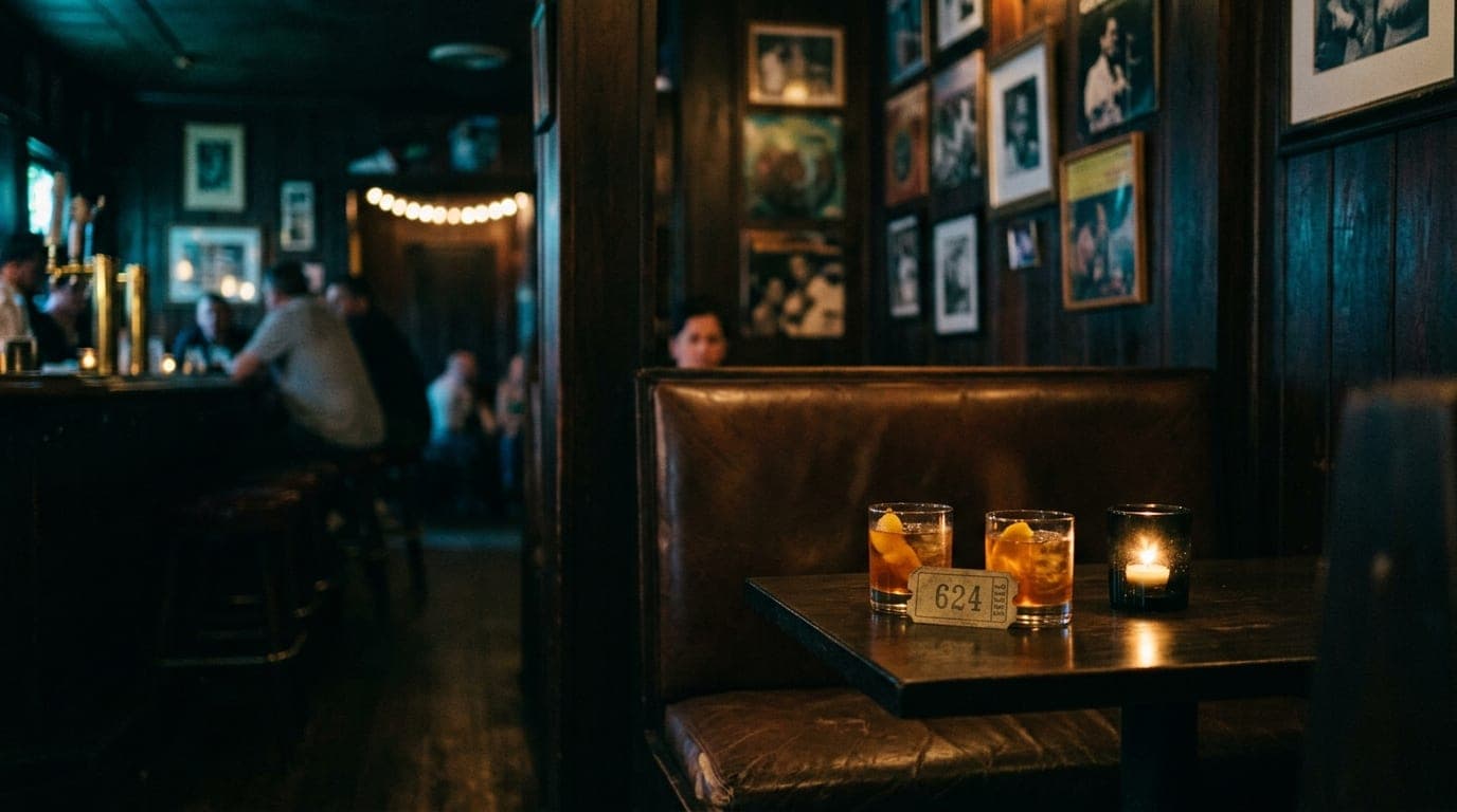 A medium shot inside the dark, moody Hi-Ho Lounge. A leather booth sits offset right, holding two amber-colored highball g...