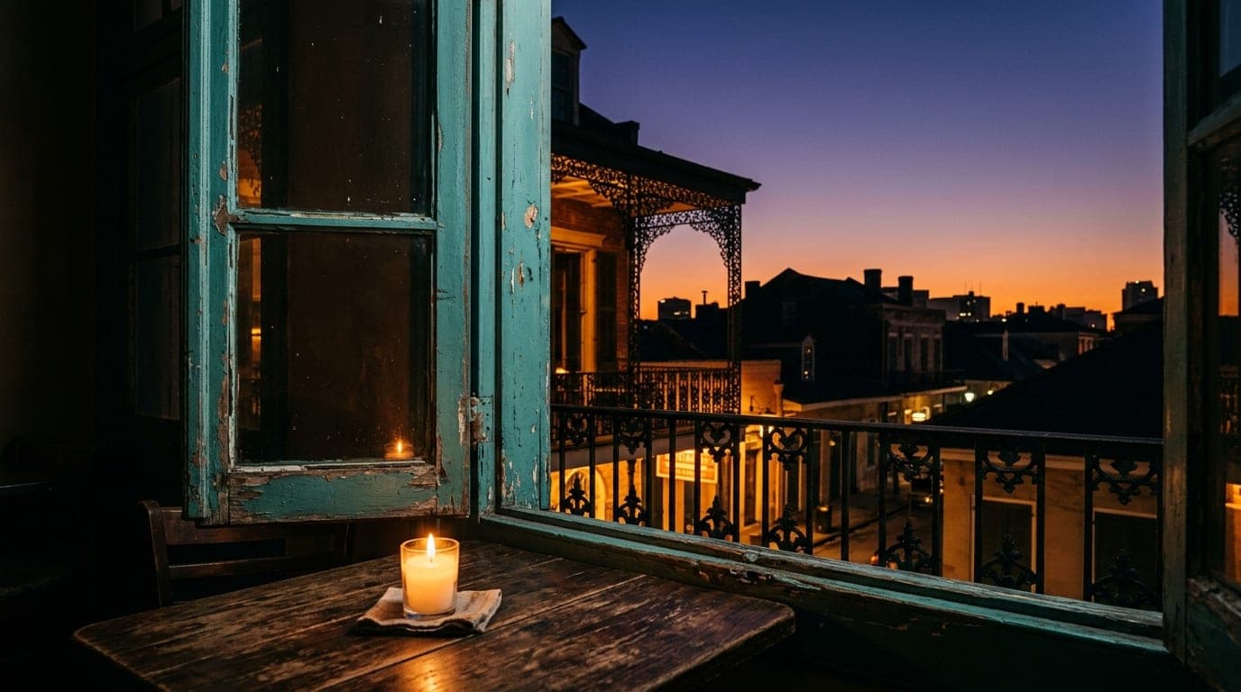 A weathered, chipped teal wooden window frame frames a flickering white candle on a bistro table. Through the pane, the ir...