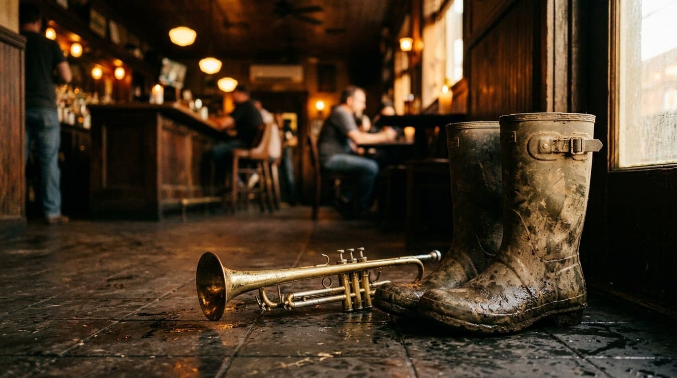 A pair of well-worn, mud-spattered rain boots sits beside a discarded, damp brass trumpet on the tile floor of a Mid-City...