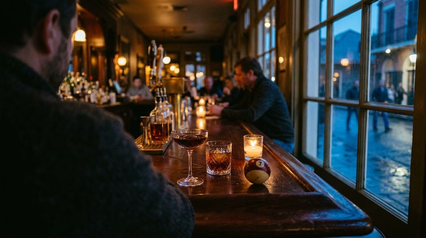 Over-the-shoulder view of a dimly lit mahogany bar at Anna’s on Royal. Two crystal cocktail glasses sit near a vintage bil...