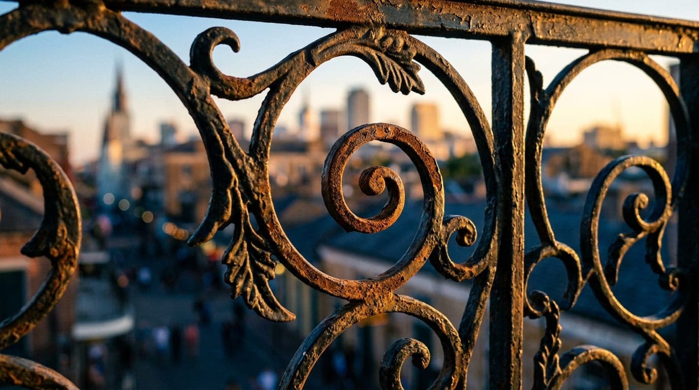 An extreme macro, golden hour shot of intricate, weathered wrought-iron scrollwork on a historic French Quarter balcony. S...
