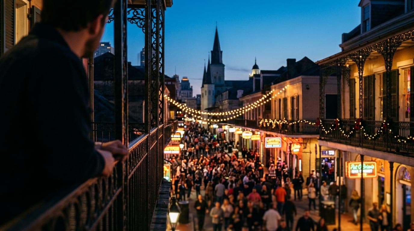 An over-the-shoulder perspective from a dim balcony rail overlooks a bustling, well-lit Bourbon Street intersection at blu...