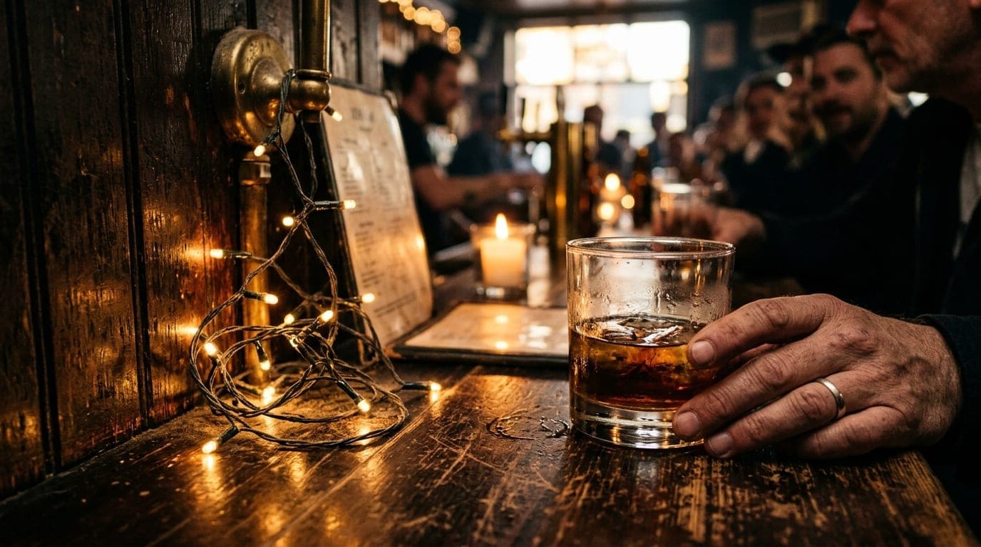 A 35mm documentary close-up captures a dimly lit corner of a dive bar. A half-finished glass of whiskey sits beside a lit...
