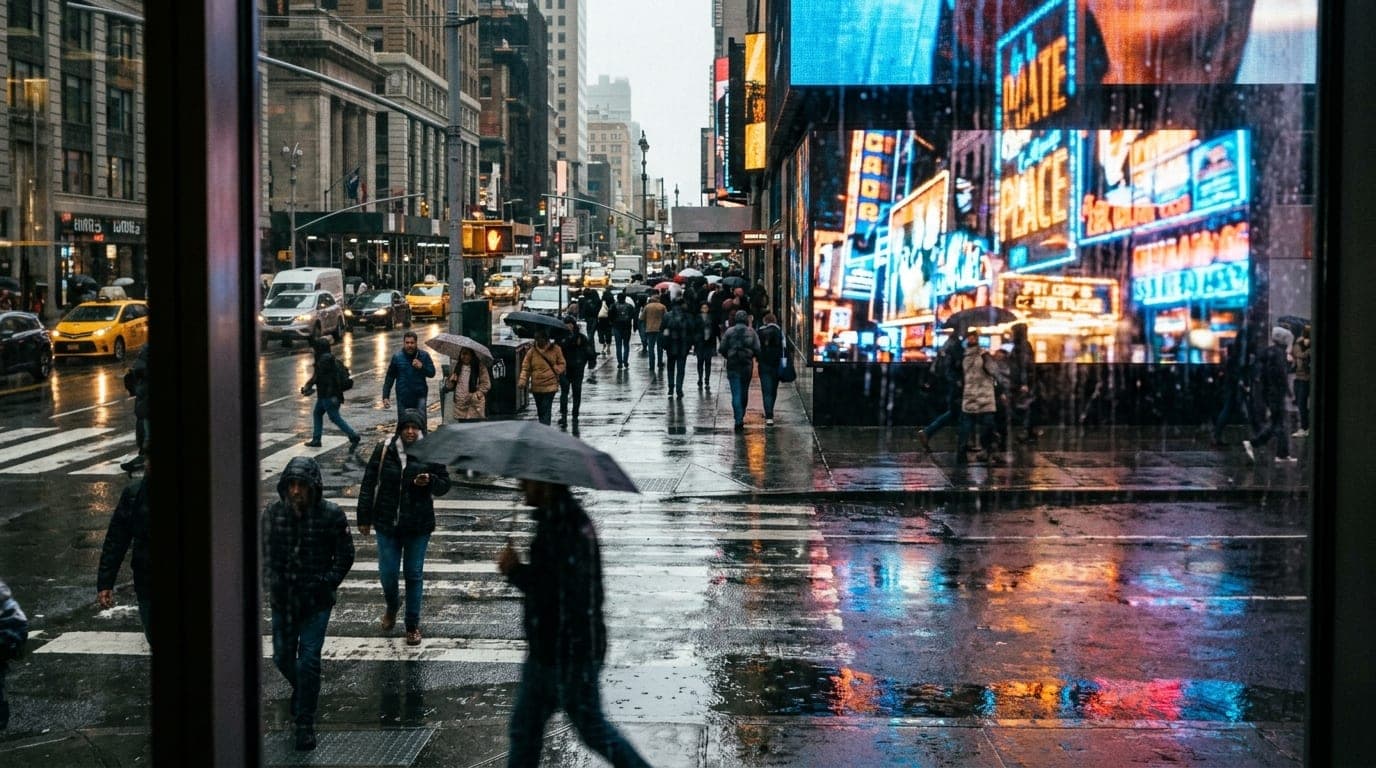 A bustling, rain-slicked street corner in Midtown at noon, capturing the iconic neon glow of a Times Square billboard refl...