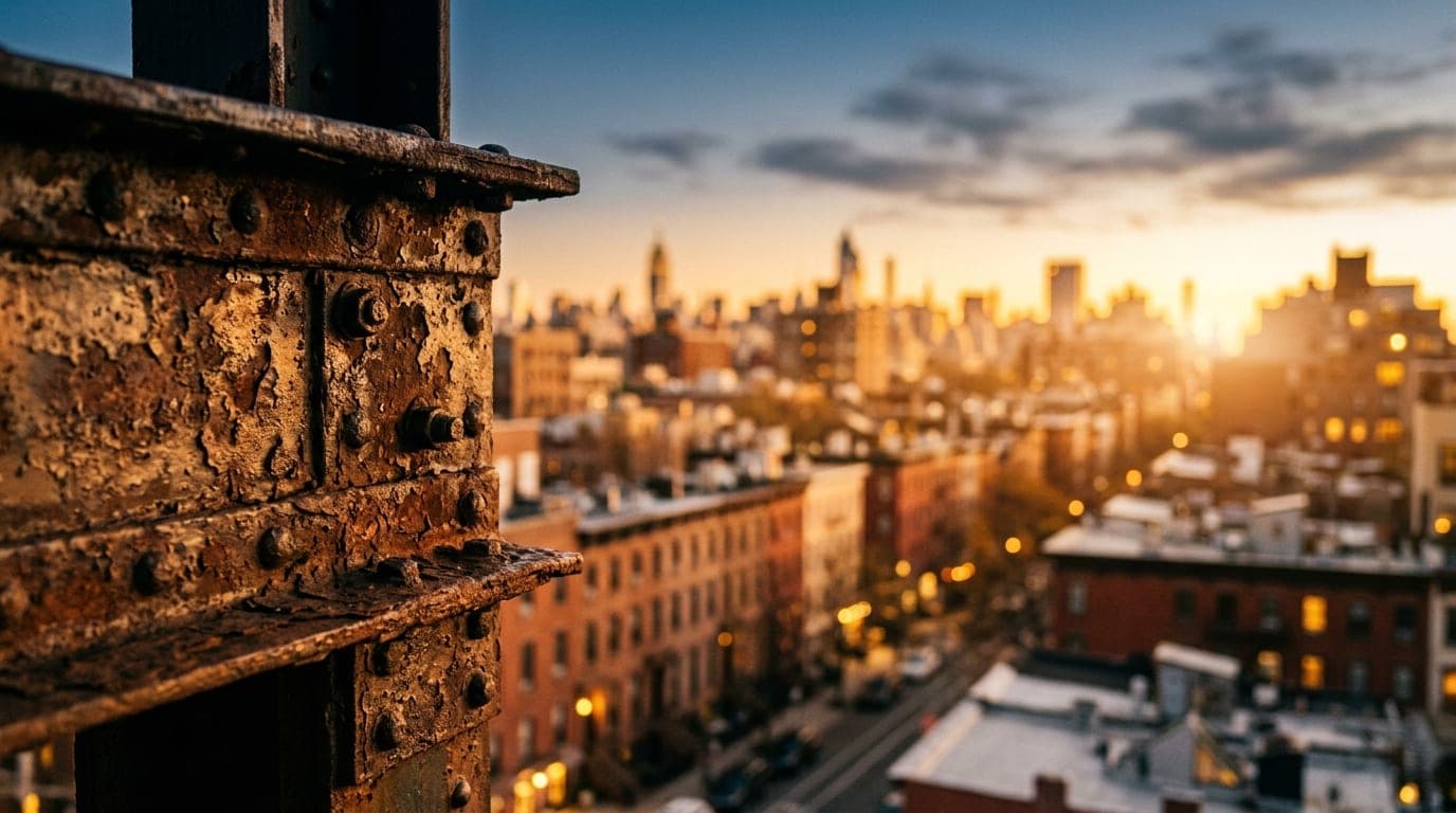 A sun-drenched, rusted iron beam of the High Line tracks sits in extreme macro focus, offset left, blurring into the golde...
