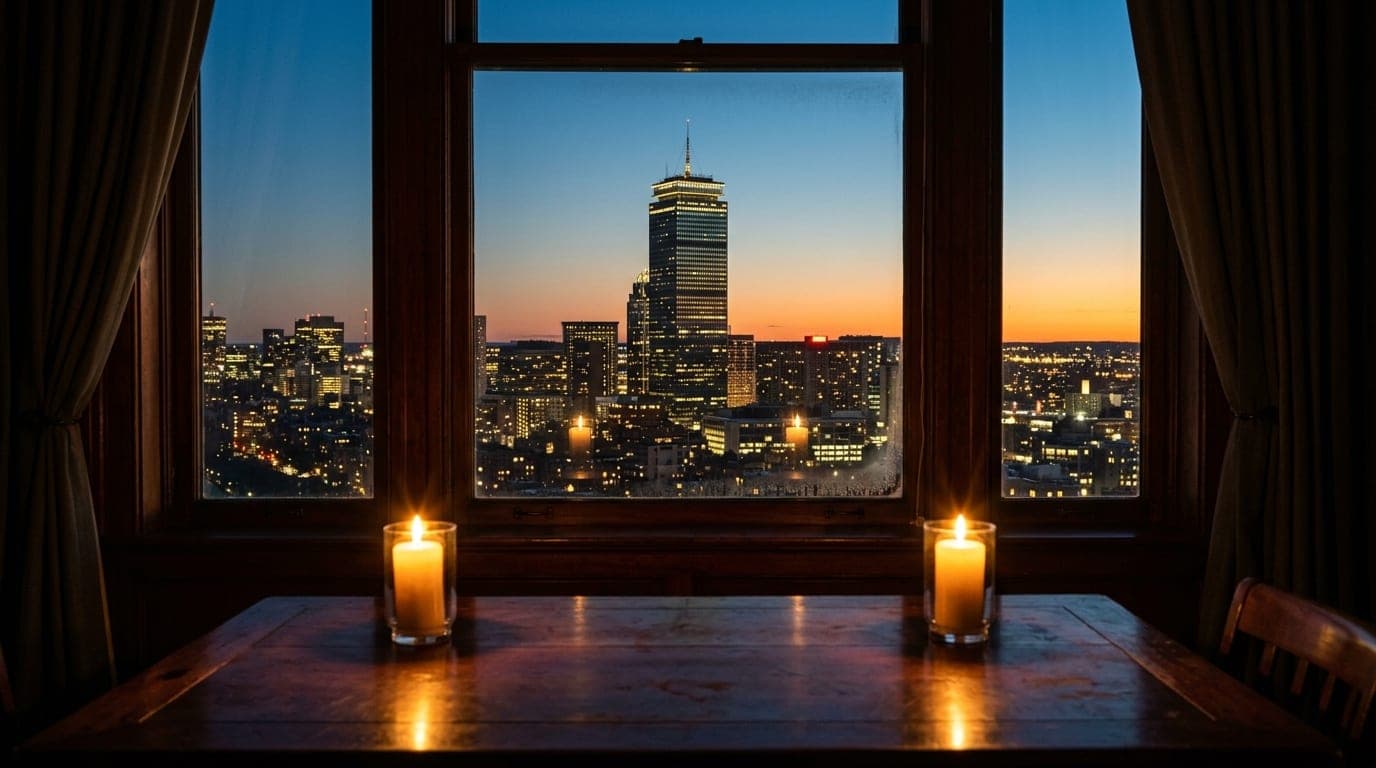 A centered, wide-angle interior view looking through a window toward the illuminated Prudential Center at dusk. Two lit ca...