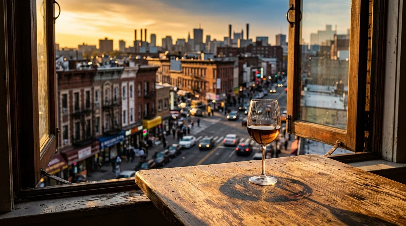 A sun-drenched, rustic wooden bistro table sits by an open window. A single, half-full wine glass rests in the lower third...