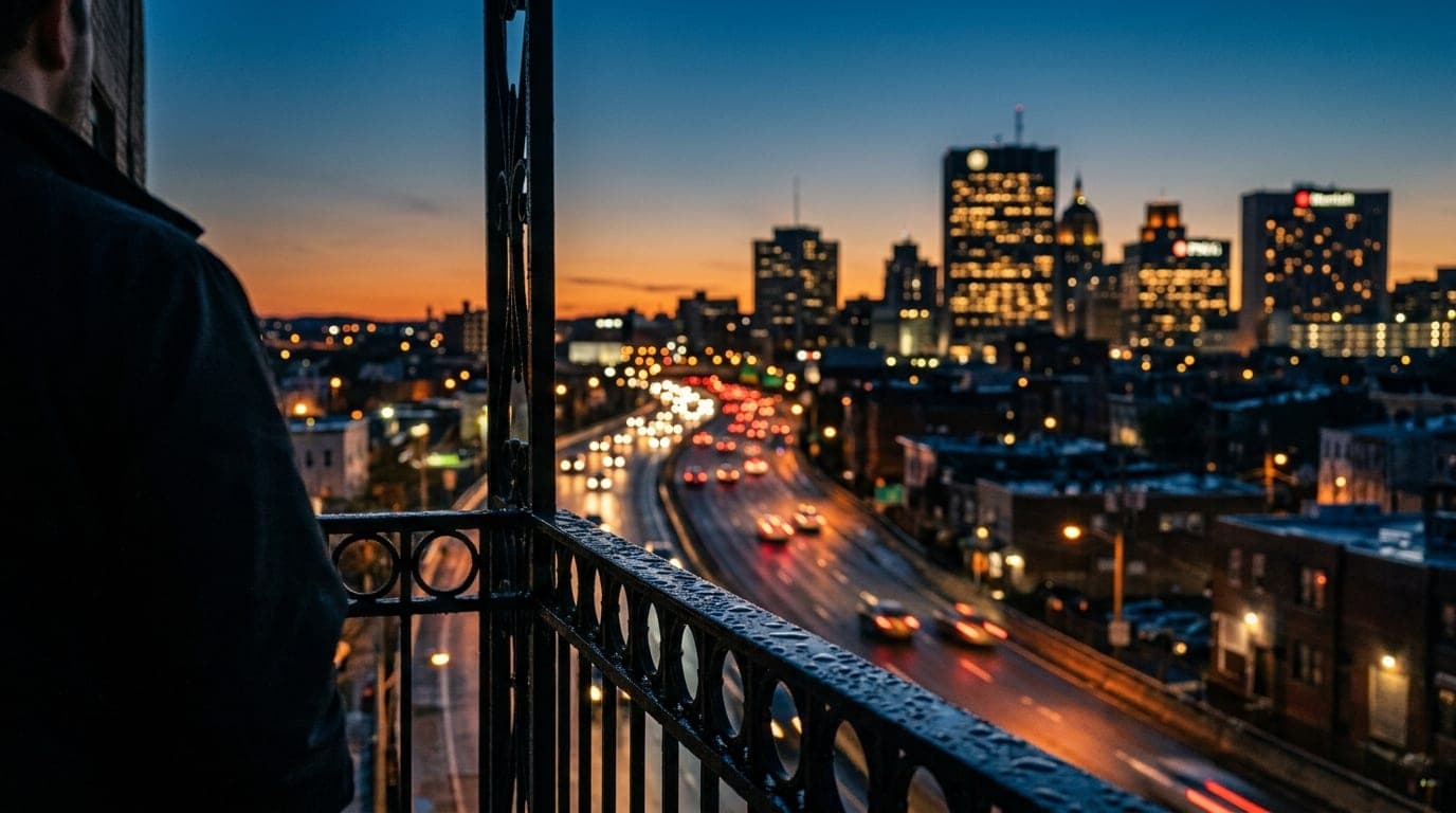 A rain-slicked balcony railing in the Ironbound overlooks the glowing McCarter Highway at dusk. The distant downtown skyli...